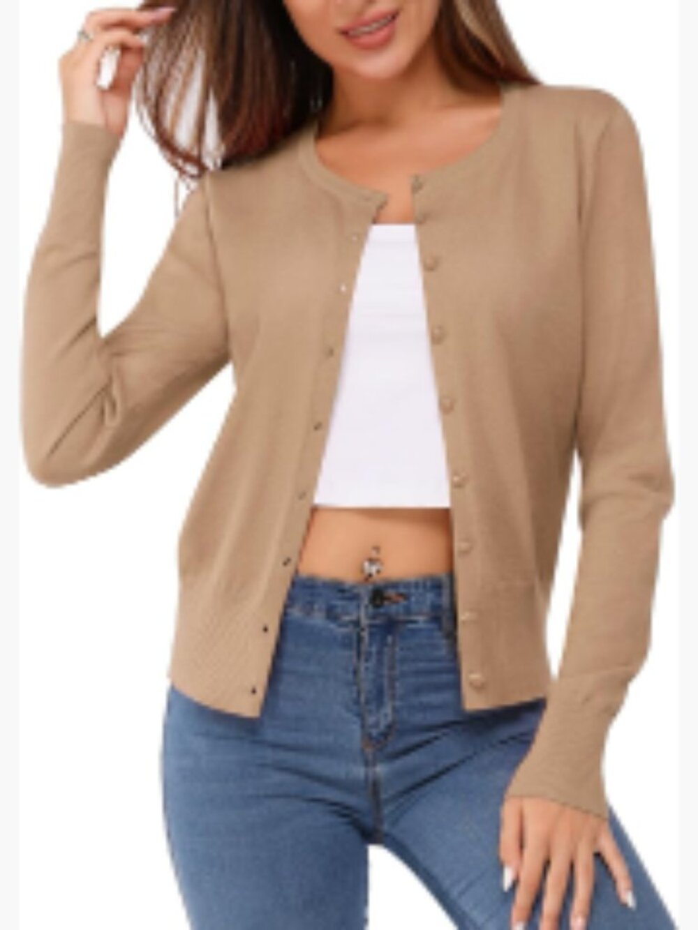 Lightweight Button Down Cardigan Crew Neck Long Sleeve Soft Knit Sweater Top